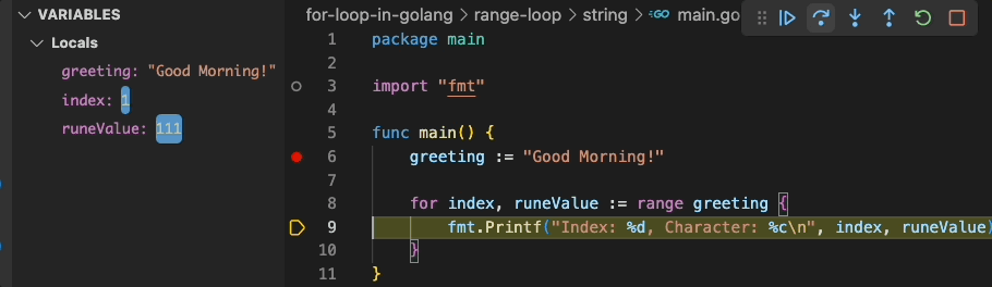 Golang looping over string using range for loop